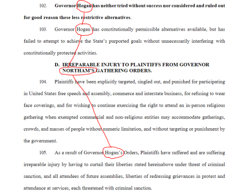 excerpt of lawsuit against Maryland governor mistakenly using name of Virginia governor 